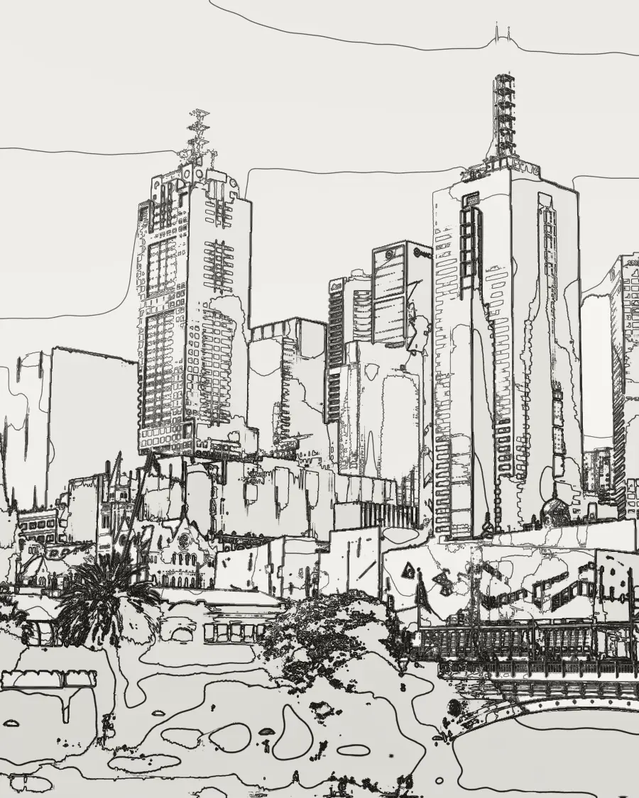 Melbourne: office towers in the city centre, drawn in survey contour lines.
