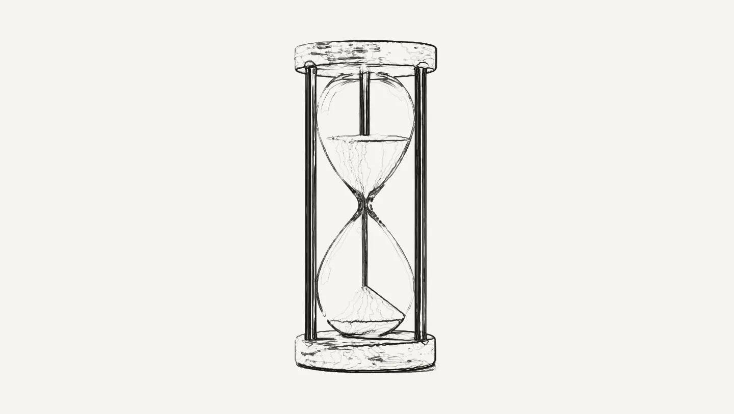 A tall hourglass of clear glass, pale ash and brass, standing on its own, drawn in survey contour lines. Sand falls through the neck and settles in one smooth cone below.
