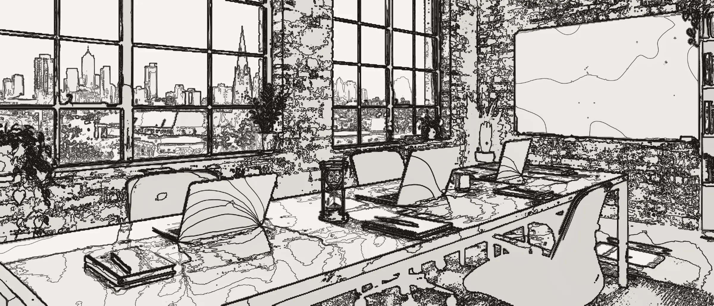 A bright studio office with a long shared desk and an hourglass on it, drawn in survey lines.