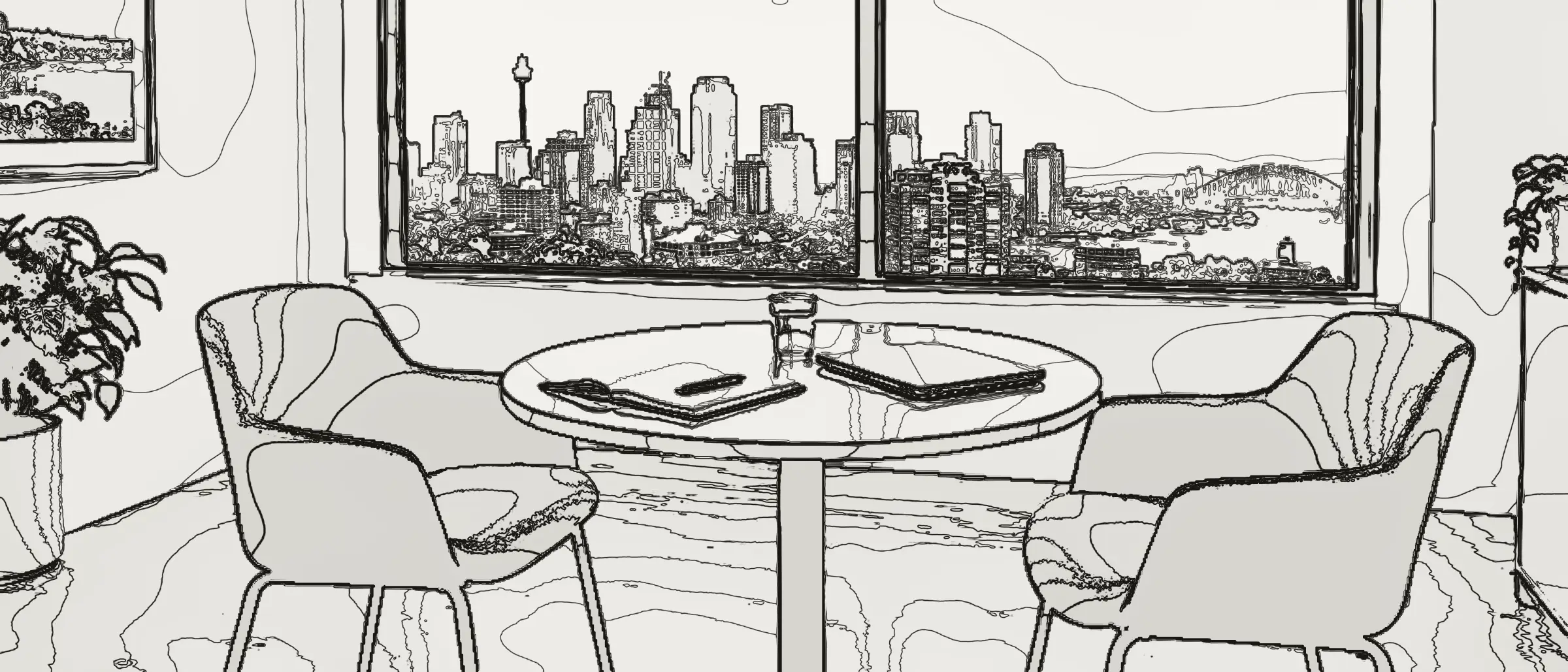 A quiet meeting room set for an interview, two chairs at a table by the window, drawn in survey lines.