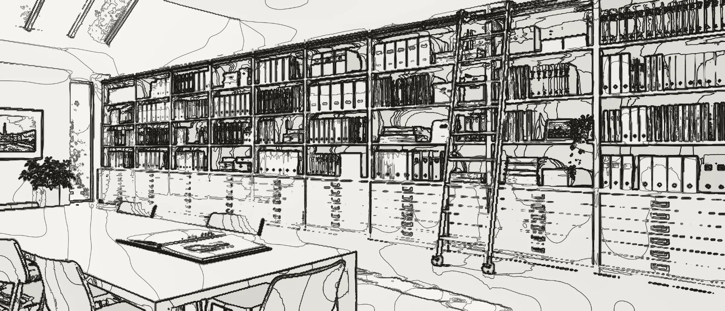 A wall of archive drawers and shelves of files in a bright office library, drawn in survey lines.