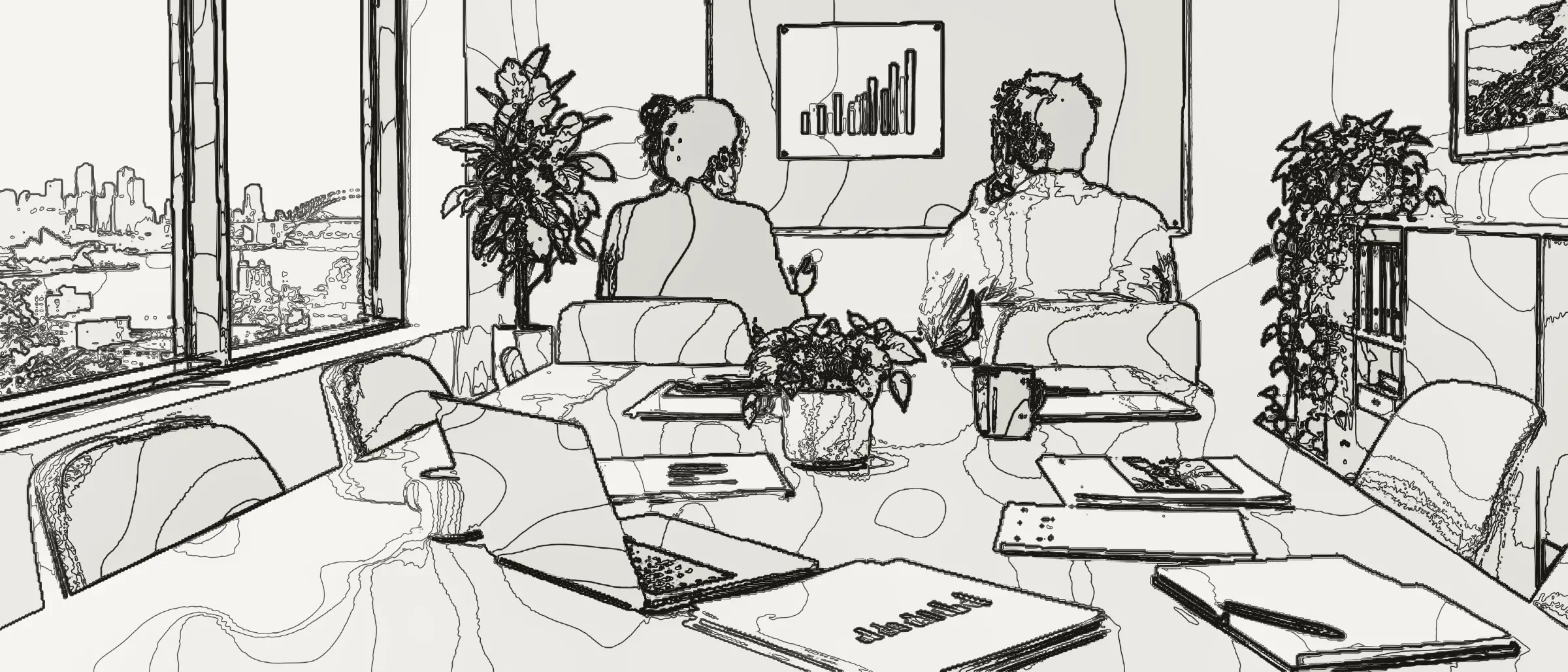 A long oak table in a bright office with printed reports, notebooks and a chart pinned behind, drawn in survey lines.